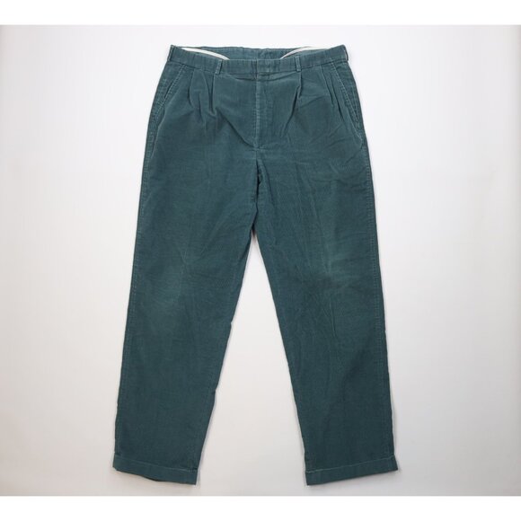 Vintage 70s Lands End Mens 40x33 Faded Wide Leg Corduroy Chino Pants Green USA